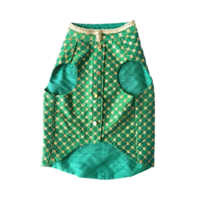 EMERALD GREEN GOLD DOG SHERWANI + GREEN HEART RAKHI FOR DOGS AND CATS
