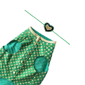 EMERALD GREEN GOLD DOG SHERWANI + GREEN HEART RAKHI FOR DOGS AND CATS