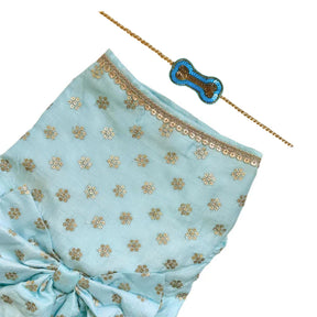 PASTEL BLUE GOLD BUTTI ANARKALI + BLUE BONE RAKHI FOR DOGS AND CATS