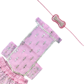 POWDER PINK FESTIVE DOG LEHENGA + SILVER PINK PEARL BONE RAKHI FOR DOGS AND CATS