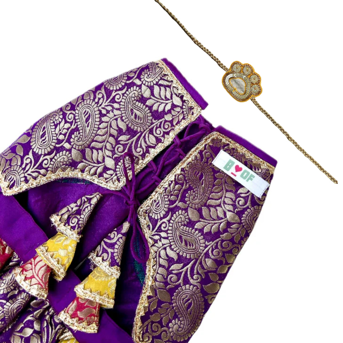 COLOUR BLOCK BROCADE LEHENGA + YELLOW PAW-SOME RAKHI FOR DOGS AND CATS