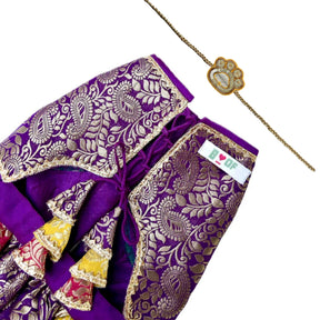 COLOUR BLOCK BROCADE LEHENGA + YELLOW PAW-SOME RAKHI FOR DOGS AND CATS