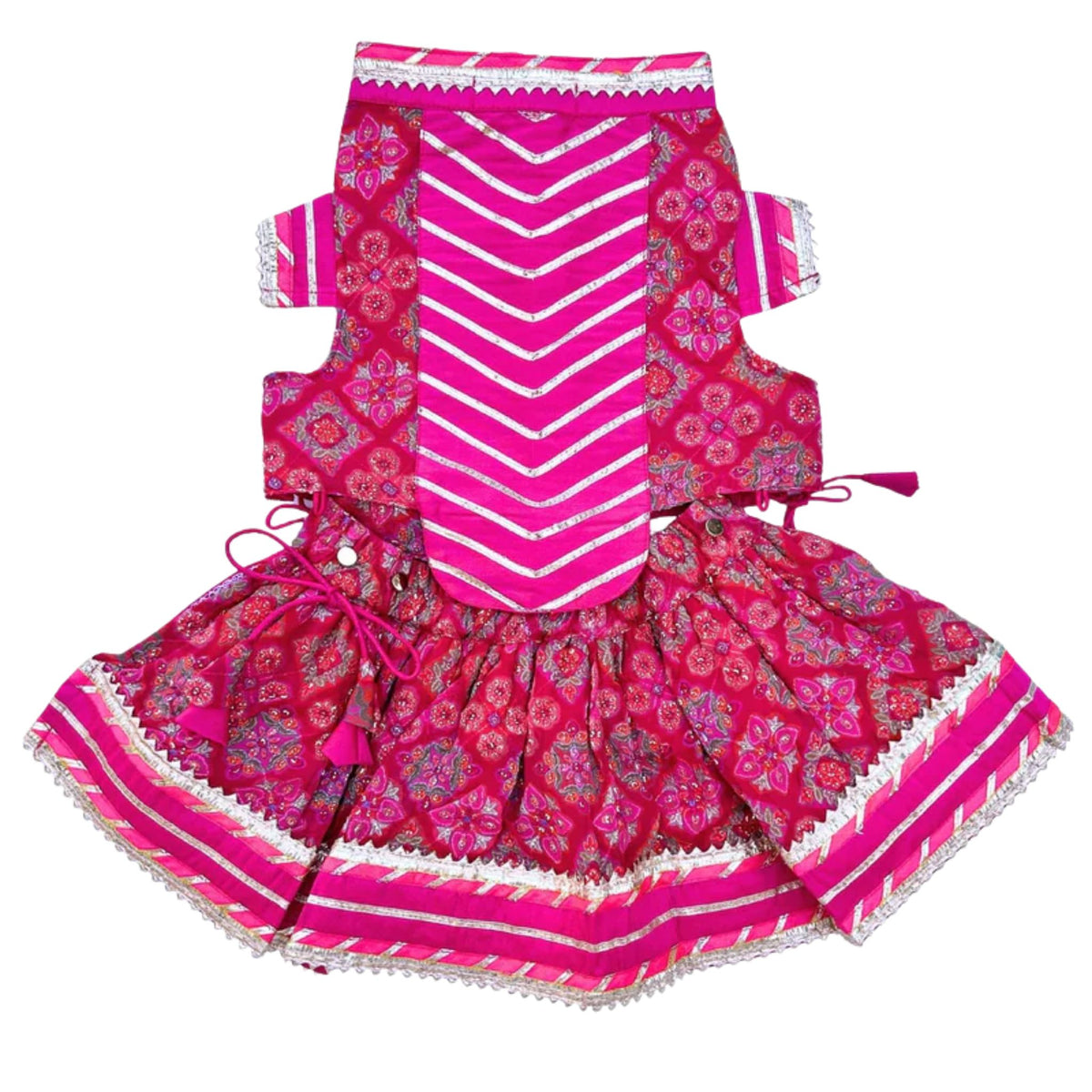 MAGENTA PINK PATIALA MOTIF DOG LEHENGA + PINK WOOF PAW RAKHI FOR DOGS AND CATS