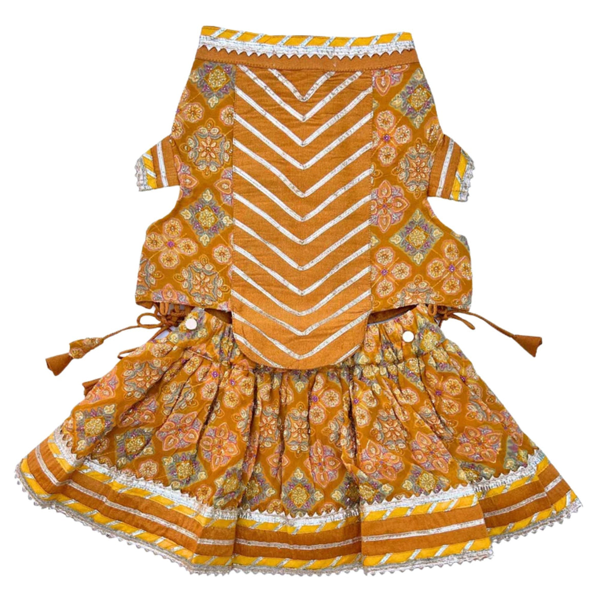 MUSTARD YELLOW PATIALA MOTIF DOG LEHENGA + YELLOW PAW-SOME RAKHI FOR DOGS AND CATS