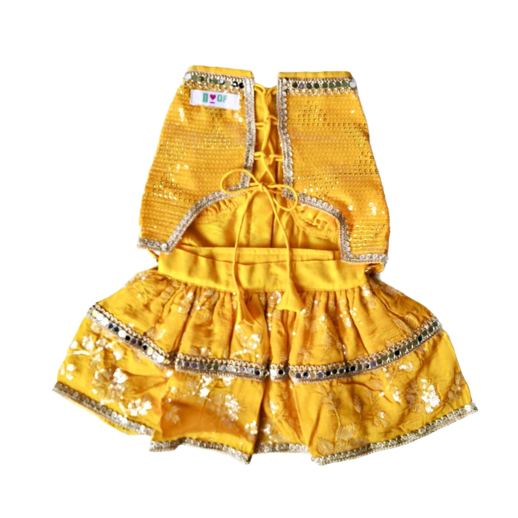 YELLOW SEQUINS DOG LEHENGA + SILVER YELLOW PEARL BONE RAKHI FOR DOGS AND CATS