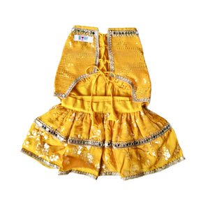 YELLOW SEQUINS DOG LEHENGA + SILVER YELLOW PEARL BONE RAKHI FOR DOGS AND CATS