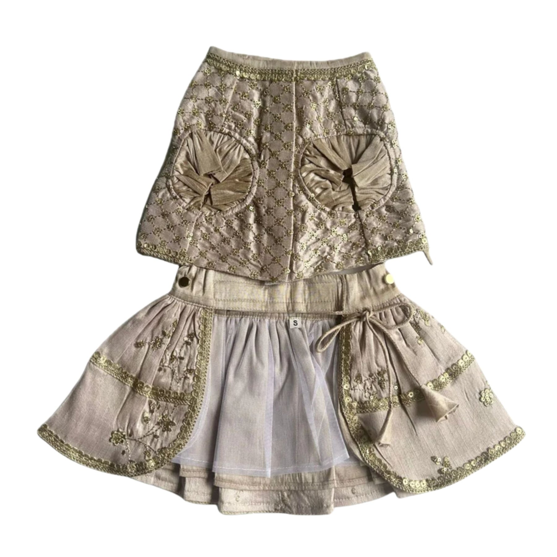 BLUSH PINK GOLD DOG LEHENGA + LIGHT PINK PEARL RAKHI FOR DOGS AND CATS
