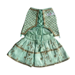 PASTEL BLUE GOLD DOG LEHENGA + AQUA GREEN PEARL BONE RAKHI FOR DOGS AND CATS
