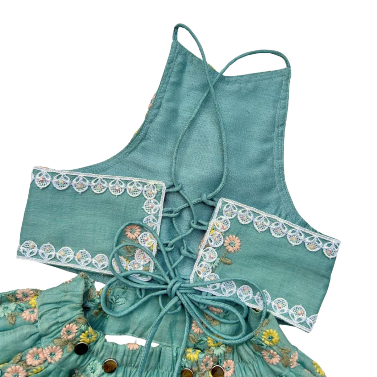 TEAL FLOWER EMBROIDERED LEHENGA + AQUA GREEN PEARL BONE RAKHI FOR DOGS AND CATS