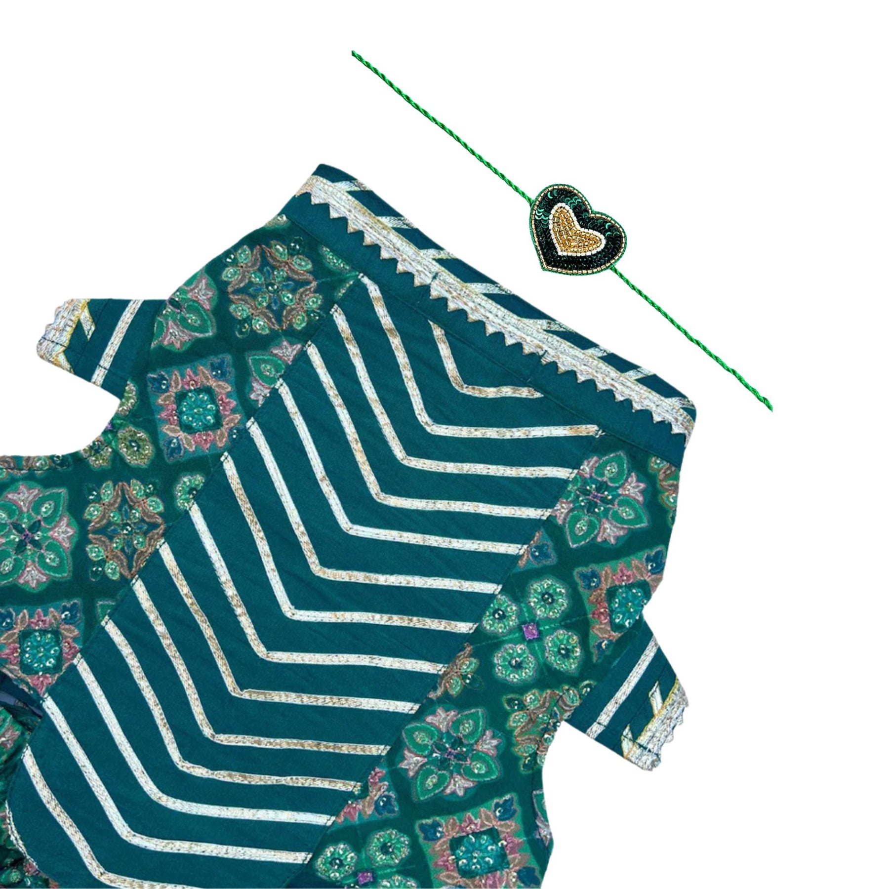 BOTTLE GREEN PATIALA MOTIF LEHENGA + GREEN HEART RAKHI FOR DOGS AND CATS