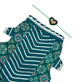 BOTTLE GREEN PATIALA MOTIF LEHENGA + GREEN HEART RAKHI FOR DOGS AND CATS