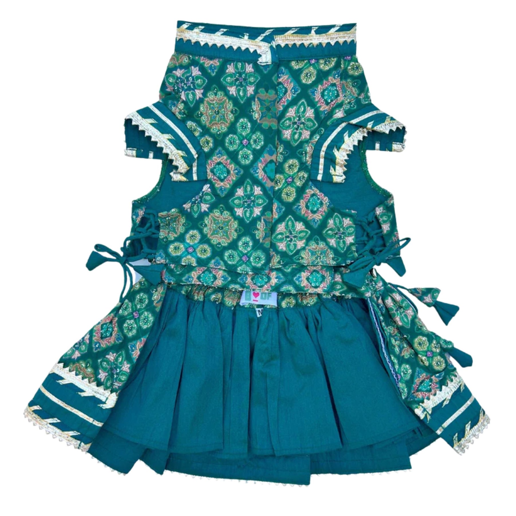BOTTLE GREEN PATIALA MOTIF LEHENGA + GREEN HEART RAKHI FOR DOGS AND CATS