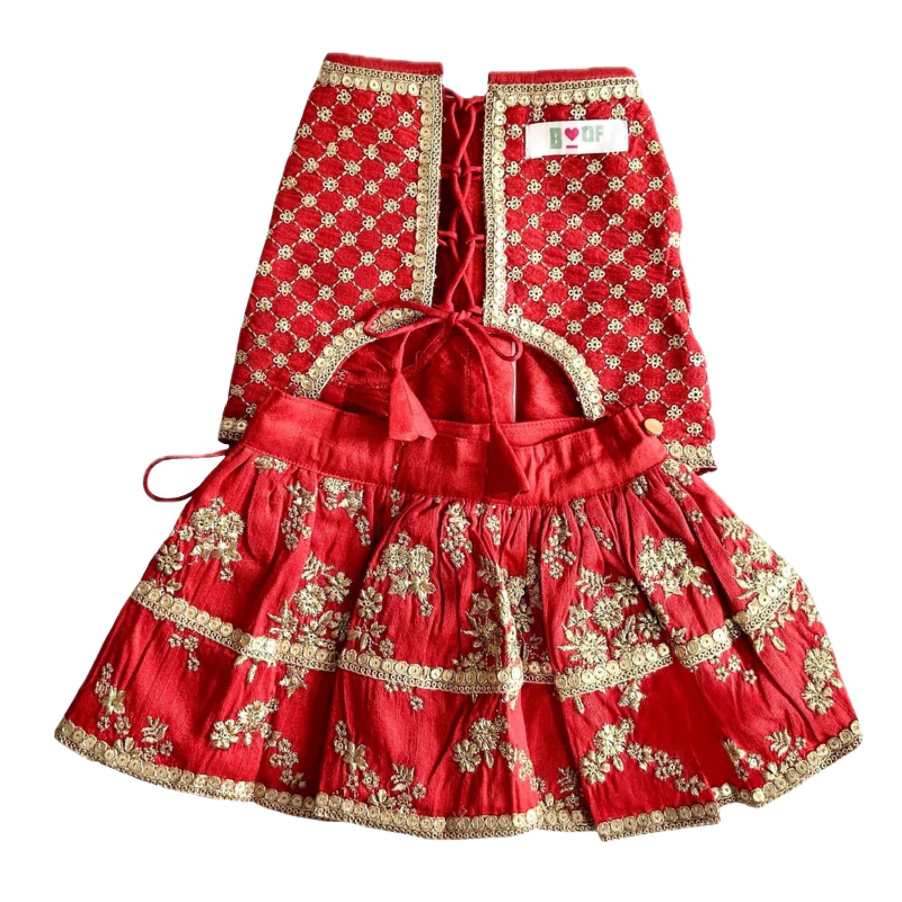 RED GOLD DOG LEHENGA + RED BONE RAKHI FOR DOGS AND CATS