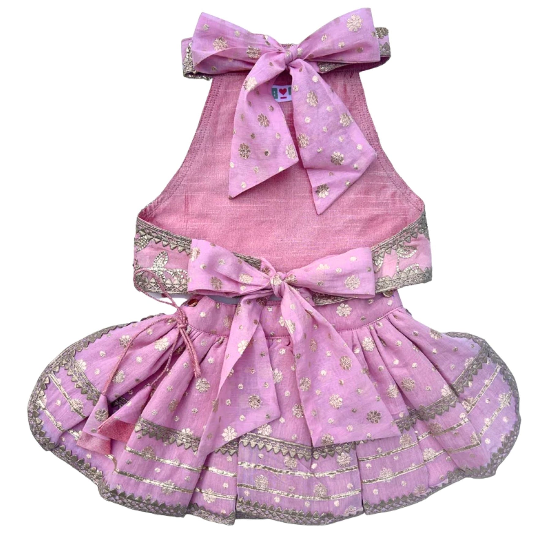 PASTEL PINK GOTA EMBROIDERED BOW LEHENGA + LIGHT PINK PEARL RAKHI FOR DOGS AND CATS