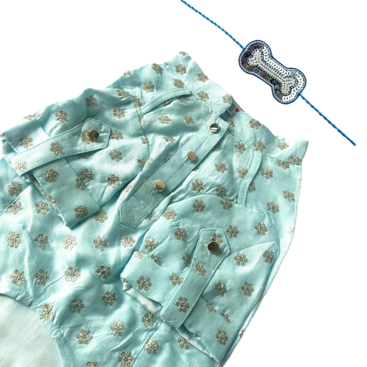 PASTEL BLUE GOLD BUTTI  KURTA + SILVER BLUE BONE RAKHI FOR DOGS AND CATS