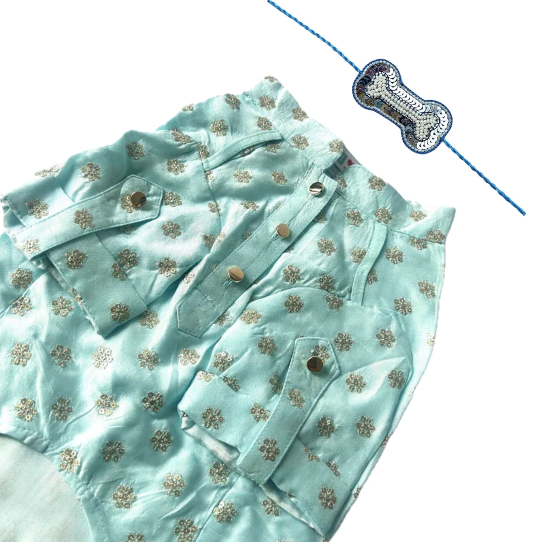 PASTEL BLUE GOLD BUTTI  KURTA + SILVER BLUE BONE RAKHI FOR DOGS AND CATS