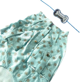 PASTEL BLUE GOLD BUTTI  KURTA + SILVER BLUE BONE RAKHI FOR DOGS AND CATS