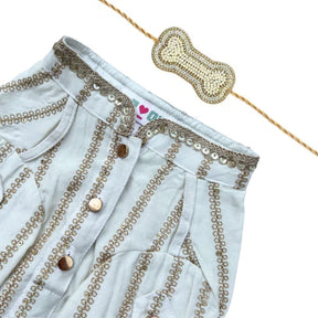 OFF-WHITE ZARI WORK  KURTA + OFF-WHITE PEARL GOLD BONE RAKHI FOR DOGS AND CATS