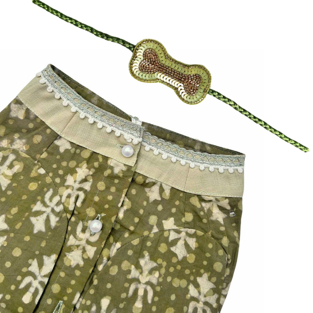 MEHENDI GREEN BATIK PRINT COTTON KURTA + LIGHT GREEN BONE RAKHI FOR DOGS AND CATS