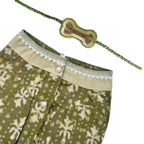 MEHENDI GREEN BATIK PRINT COTTON KURTA + LIGHT GREEN BONE RAKHI FOR DOGS AND CATS