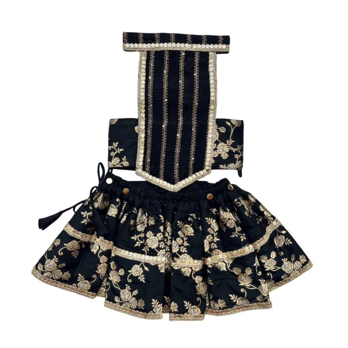 BLACK GOLD BROCADE LEHENGA + NAVY BLUE BONE RAKHI FOR DOGS AND CATS