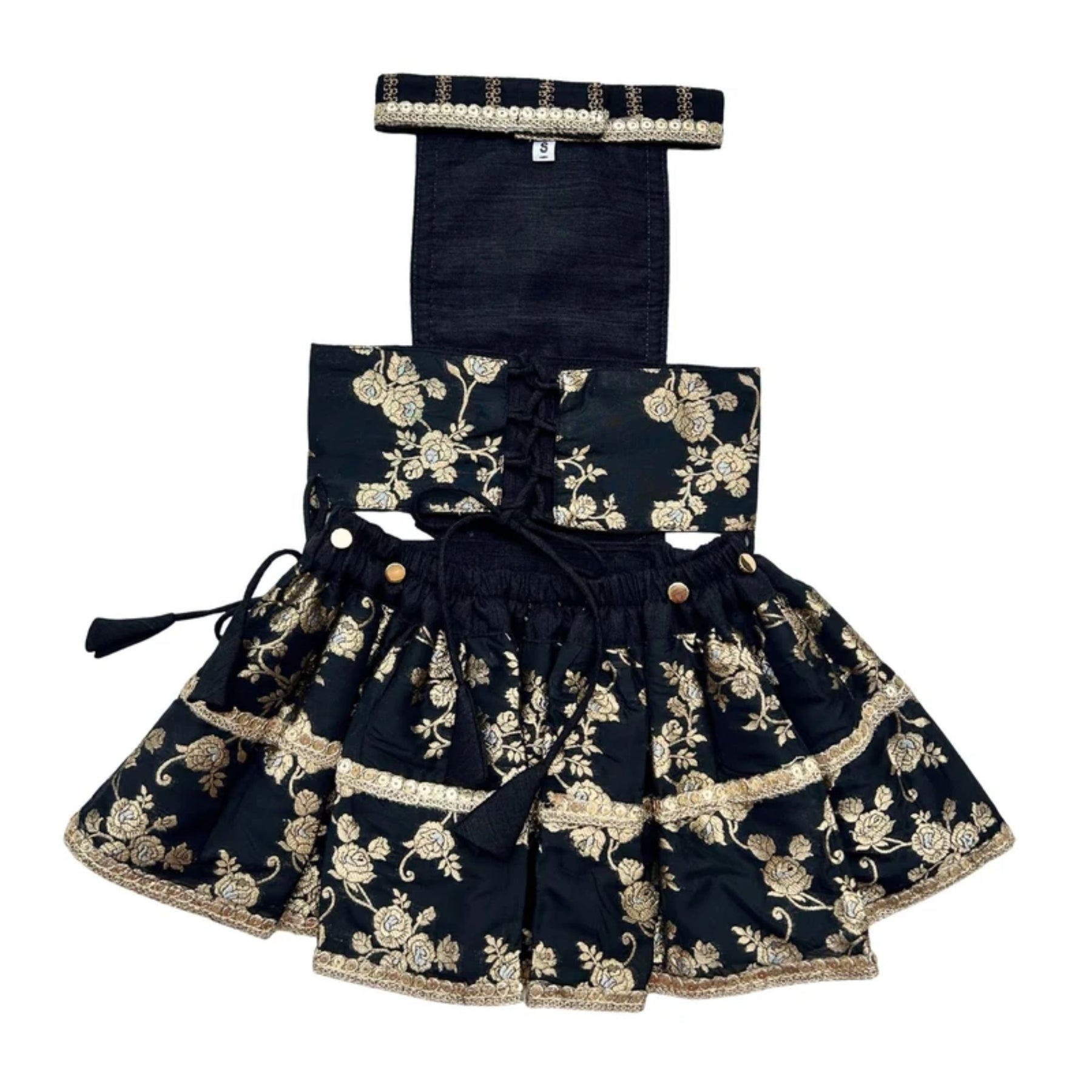 BLACK GOLD BROCADE LEHENGA + NAVY BLUE BONE RAKHI FOR DOGS AND CATS