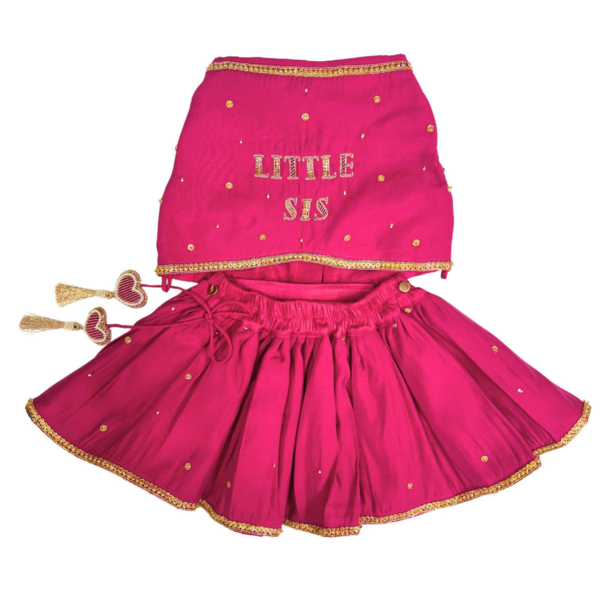 LITTLE SIS ROYAL HAND EMBROIDERED LEHENGA + PINK HEART EMBROIDERED SET RAKHI FOR DOGS AND CATS
