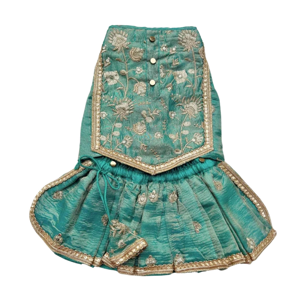 TEAL BLUE TISSUE FLORAL SEQUINS LEHENGA + EMERALD GREEN BONE RAKHI FOR DOGS AND CATS