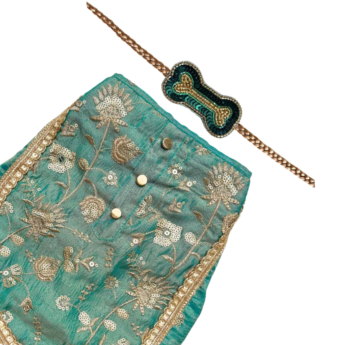 TEAL BLUE TISSUE FLORAL SEQUINS LEHENGA + EMERALD GREEN BONE RAKHI FOR DOGS AND CATS