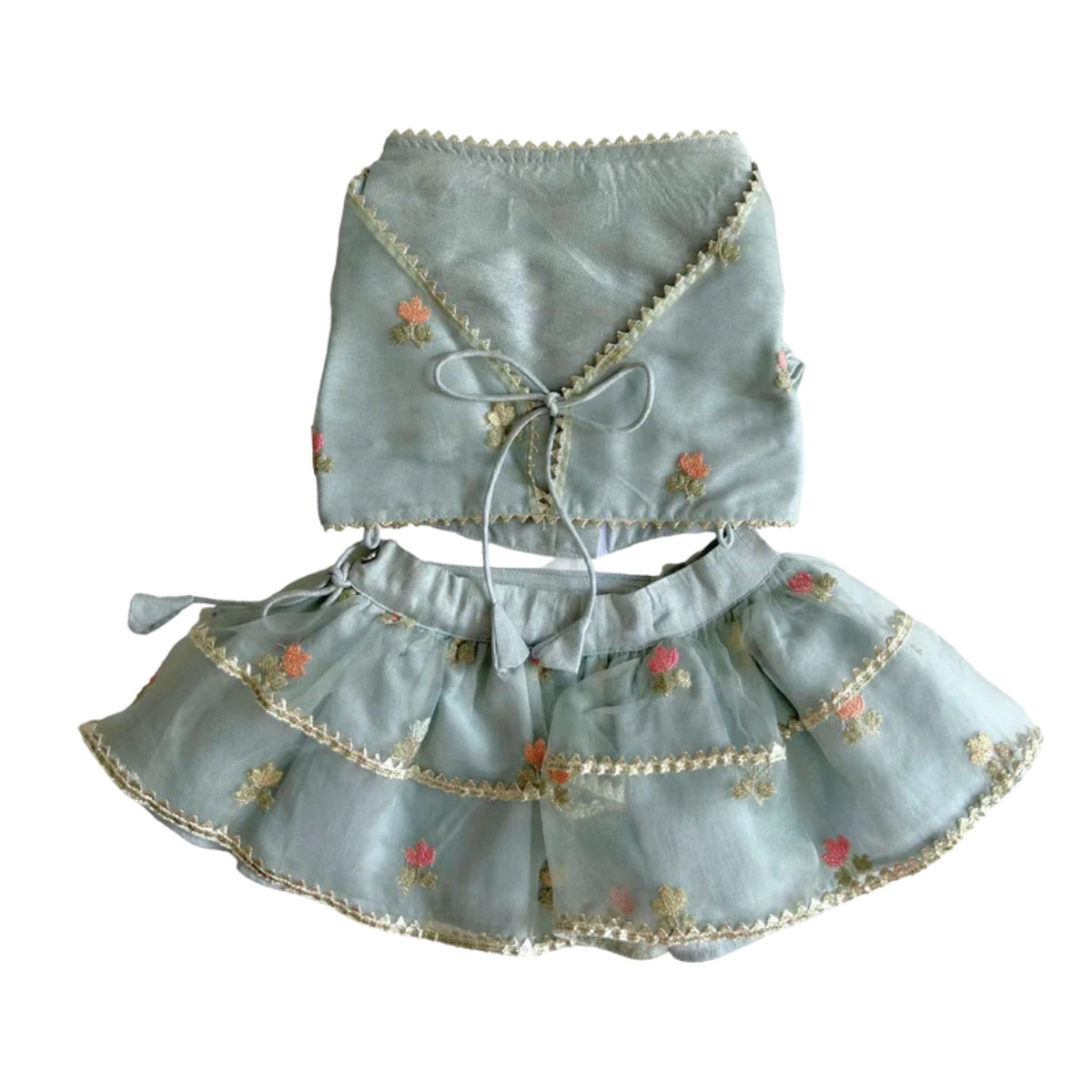 DAINTY FLORAL LIGHT BLUE LEHENGA + SILVER BLUE BONE RAKHI FOR DOGS AND CATS