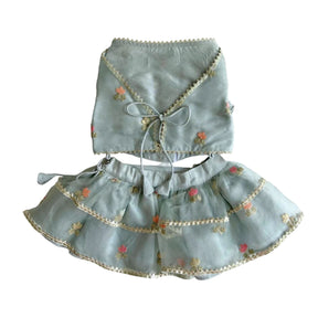 DAINTY FLORAL LIGHT BLUE LEHENGA + SILVER BLUE BONE RAKHI FOR DOGS AND CATS