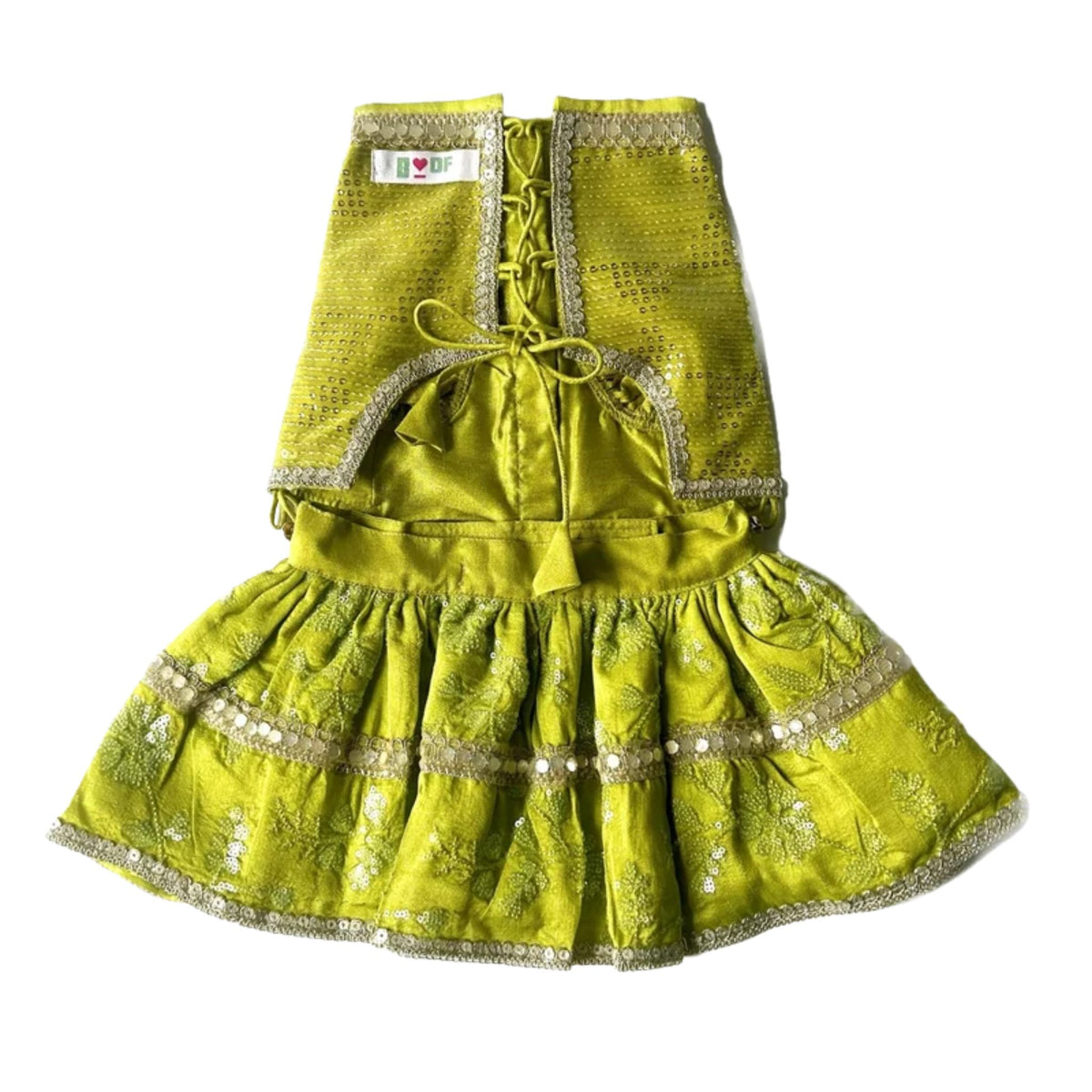 LIGHT GREEN SEQUINS  LEHENGA + GREEN FETCH BALL RAKHI FOR DOGS AND CATS