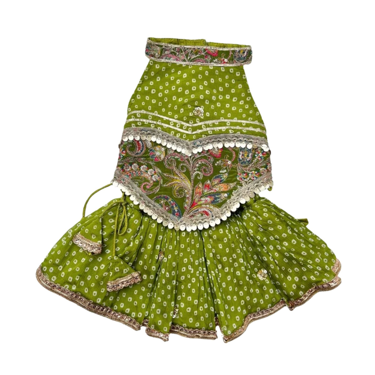 MEHENDI GREEN BANDHANI PRINT HALTER NECK LEHENGA + LIGHT GREEN BONE RAKHI FOR DOGS AND CATS