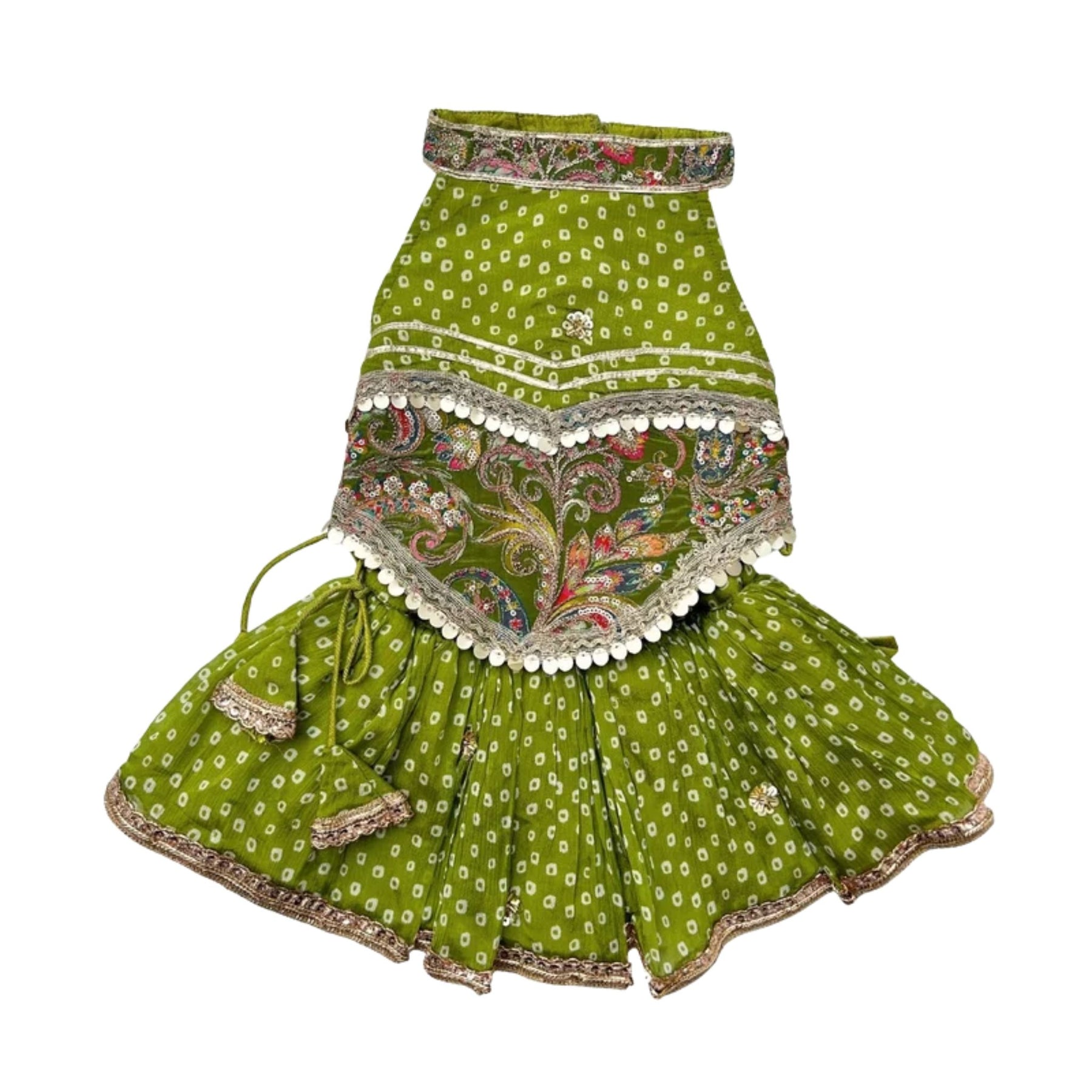 MEHENDI GREEN BANDHANI PRINT HALTER NECK LEHENGA + LIGHT GREEN BONE RAKHI FOR DOGS AND CATS