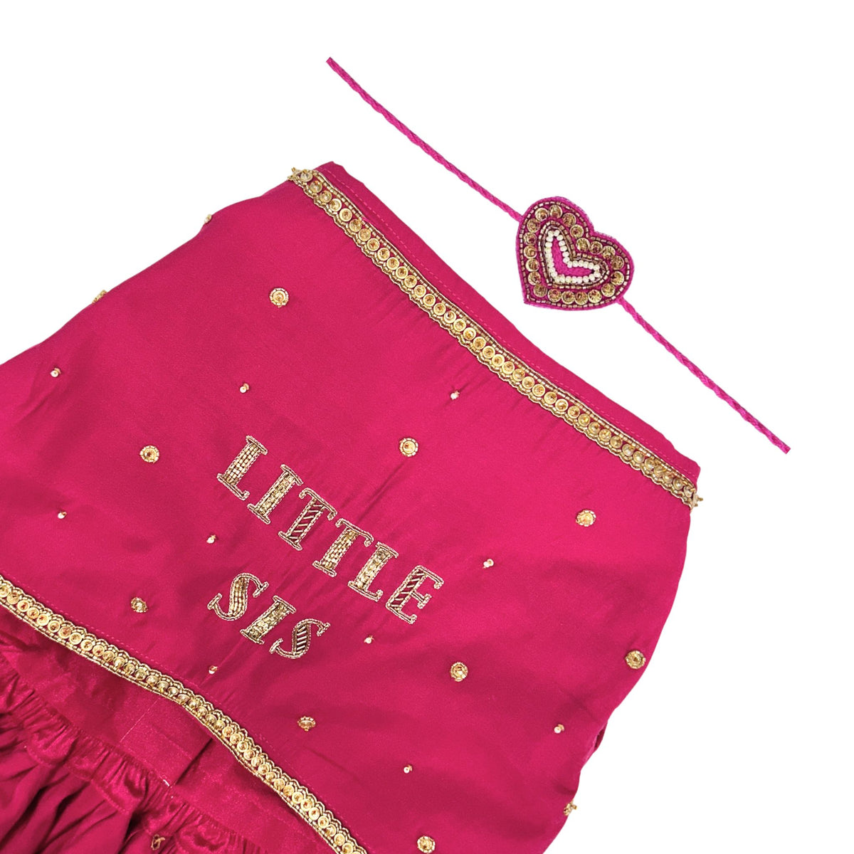 LITTLE SIS ROYAL HAND EMBROIDERED LEHENGA + PINK HEART EMBROIDERED SET RAKHI FOR DOGS AND CATS