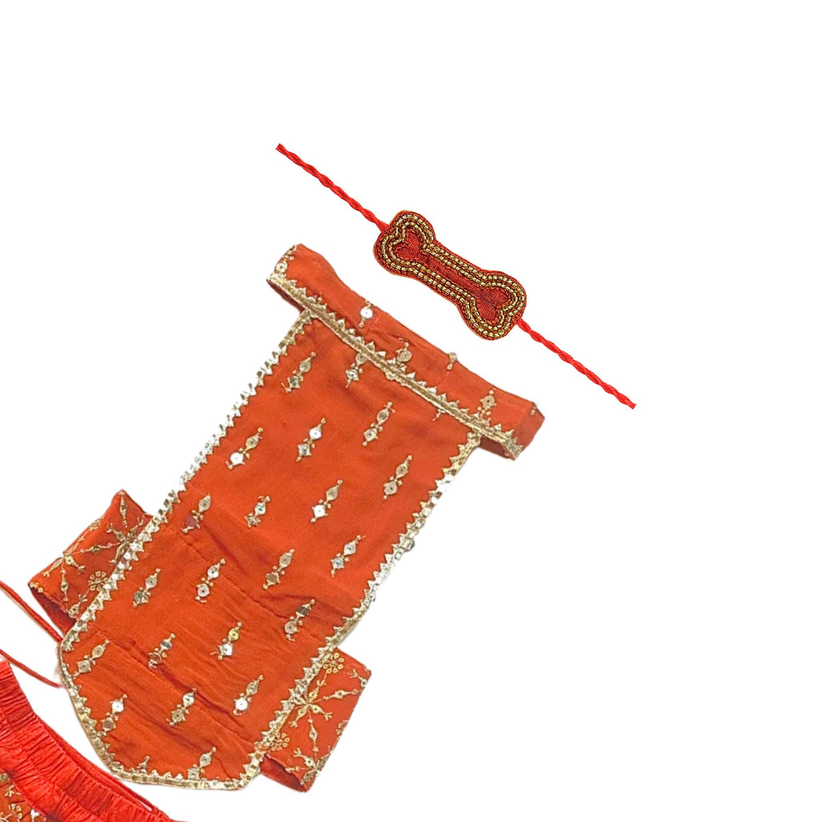 ORANGE FESTIVE LEHENGA + ORANGE GOLD BONE RAKHI FOR DOGS AND CATS