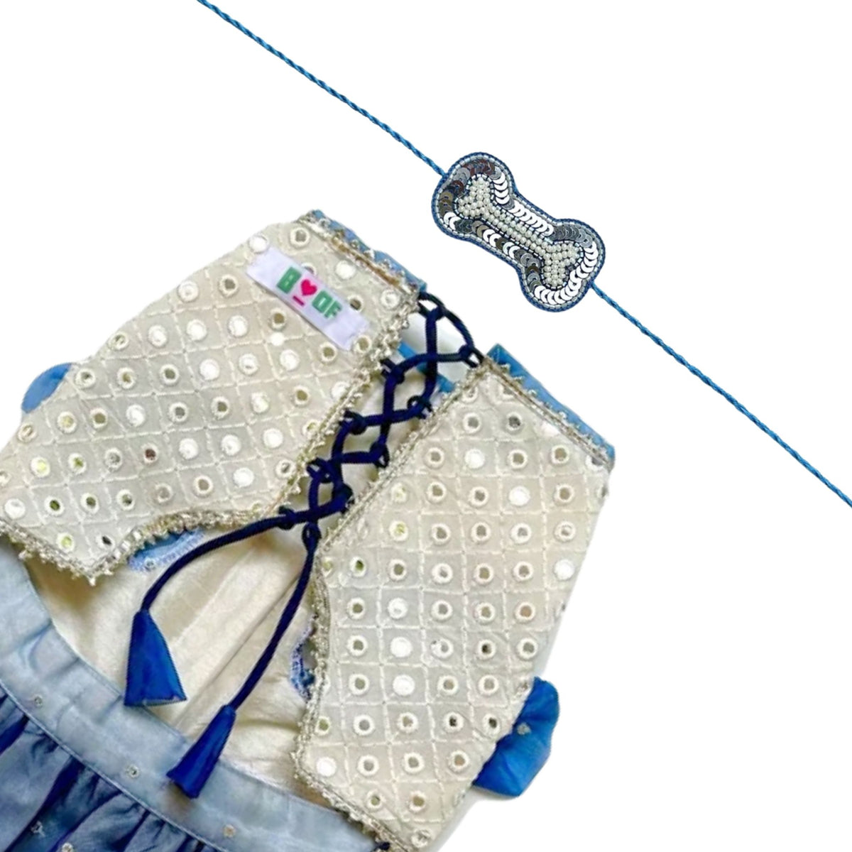 MIRROR WORK BLUE LEHENGA + SEQUINS BONE RAKHI FOR DOGS AND CATS