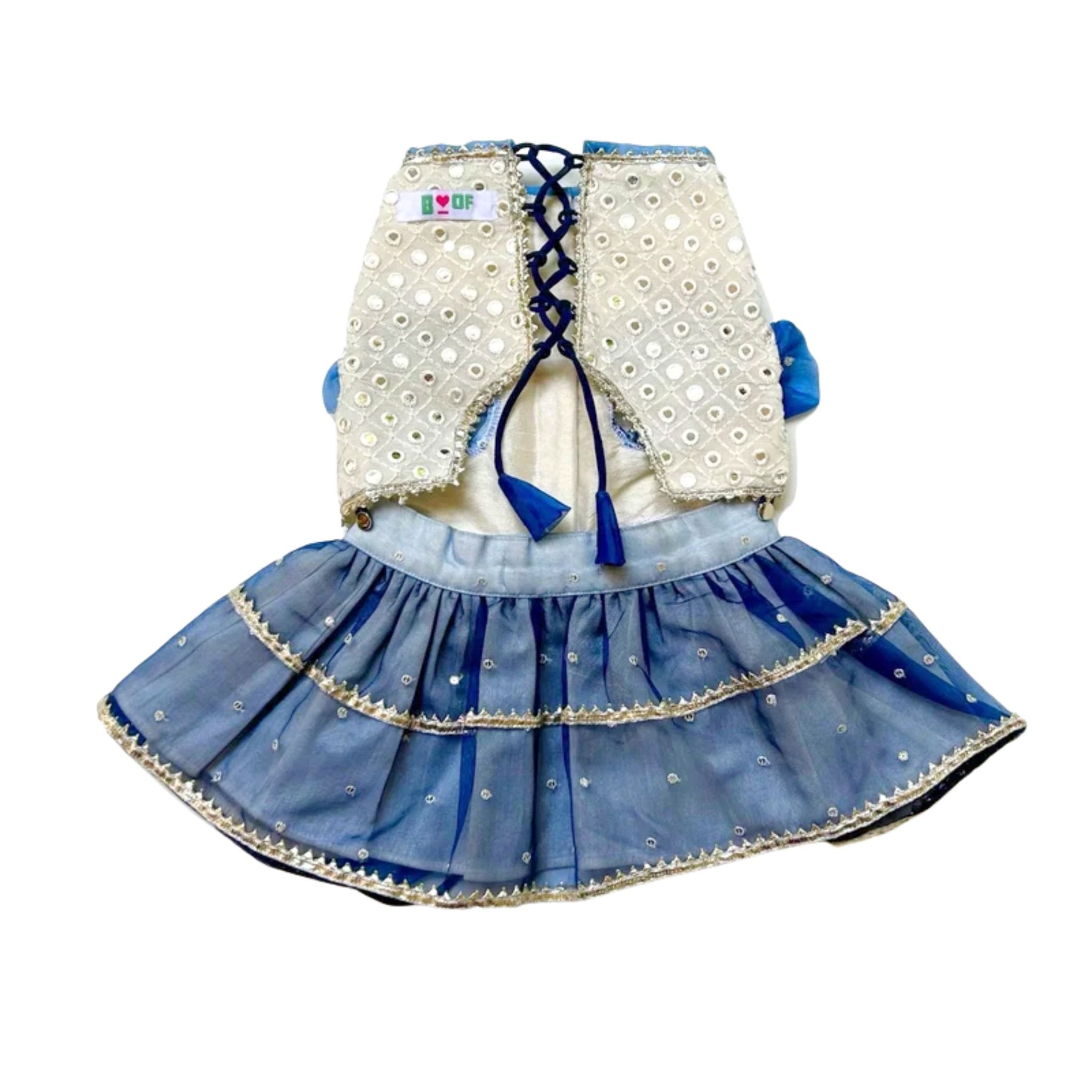 MIRROR WORK BLUE LEHENGA + SEQUINS BONE RAKHI FOR DOGS AND CATS