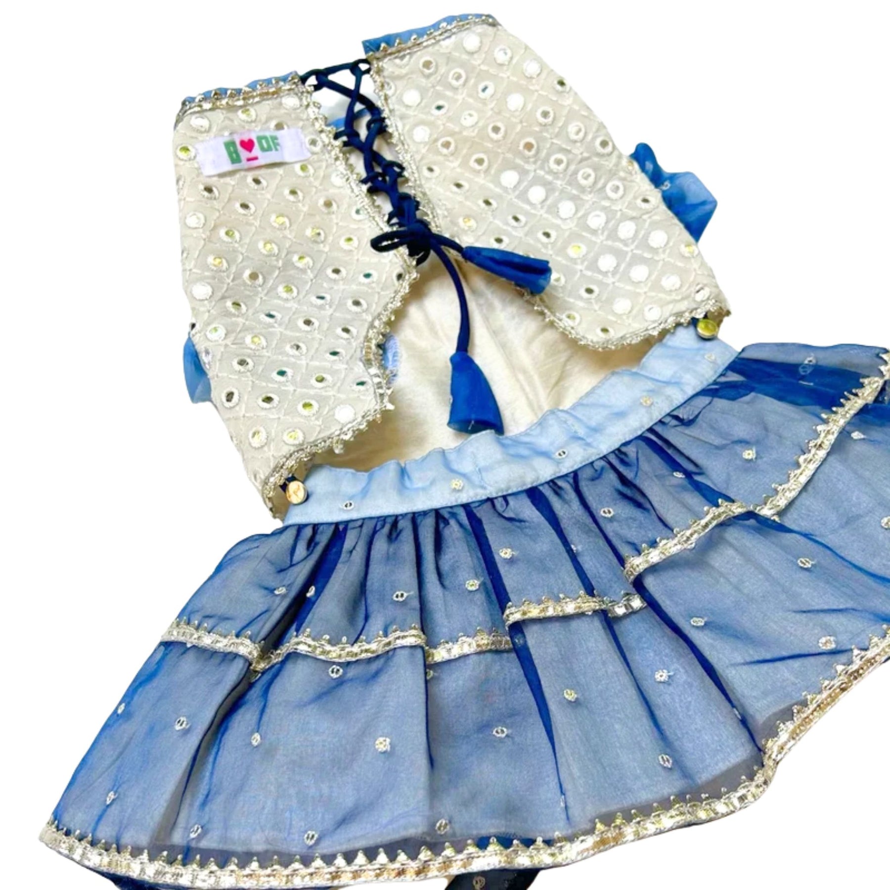 MIRROR WORK BLUE LEHENGA + SEQUINS BONE RAKHI FOR DOGS AND CATS