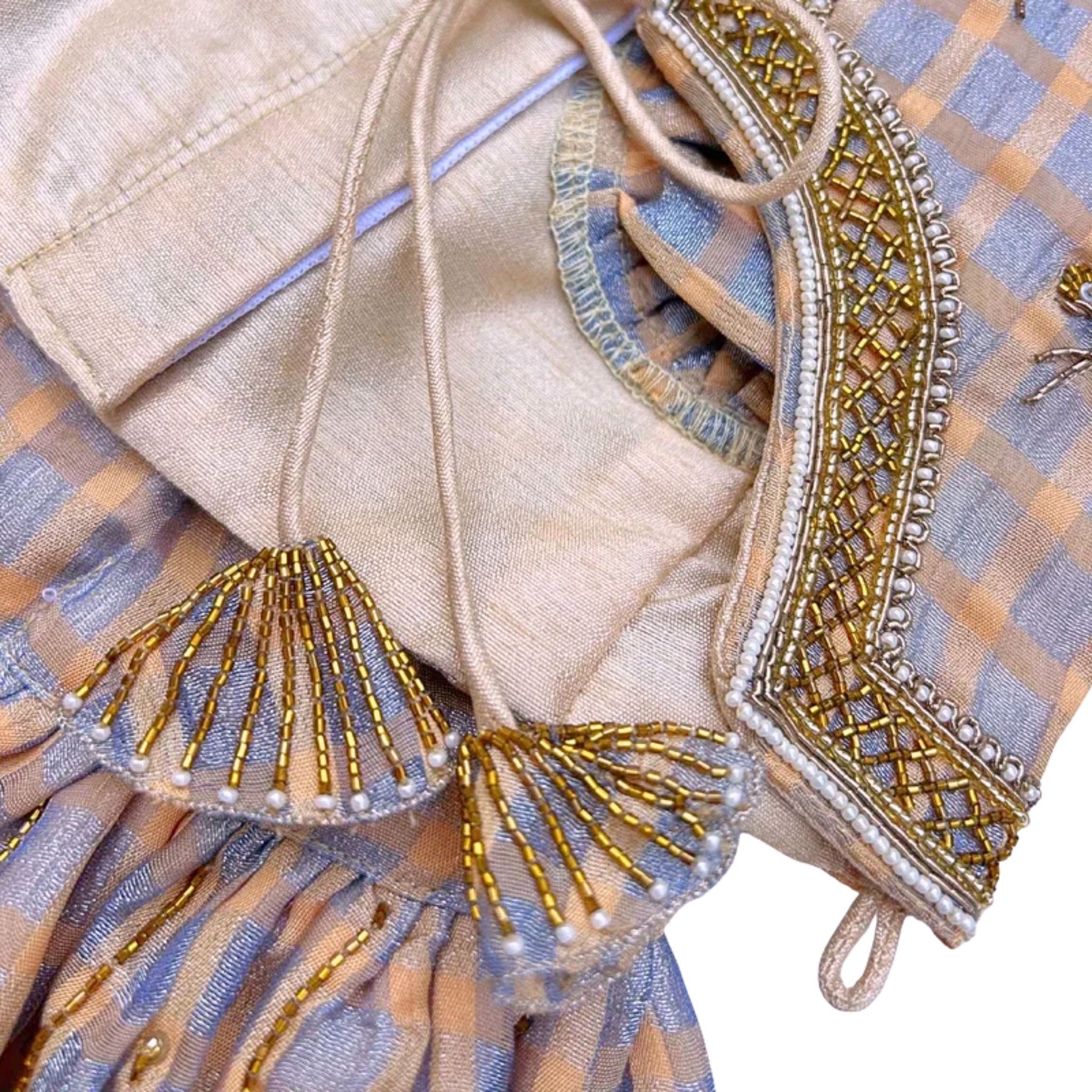 BEIGE BLUE DAINTY EMROIDERED TISSUE LEHENGA FOR DOGS AND CATS