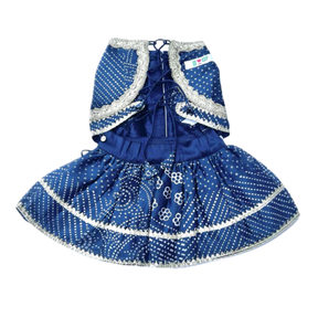 BLUE BANDHANI GOTA DOG LEHENGA + EVIL EYE RAKHI FOR DOGS AND CATS
