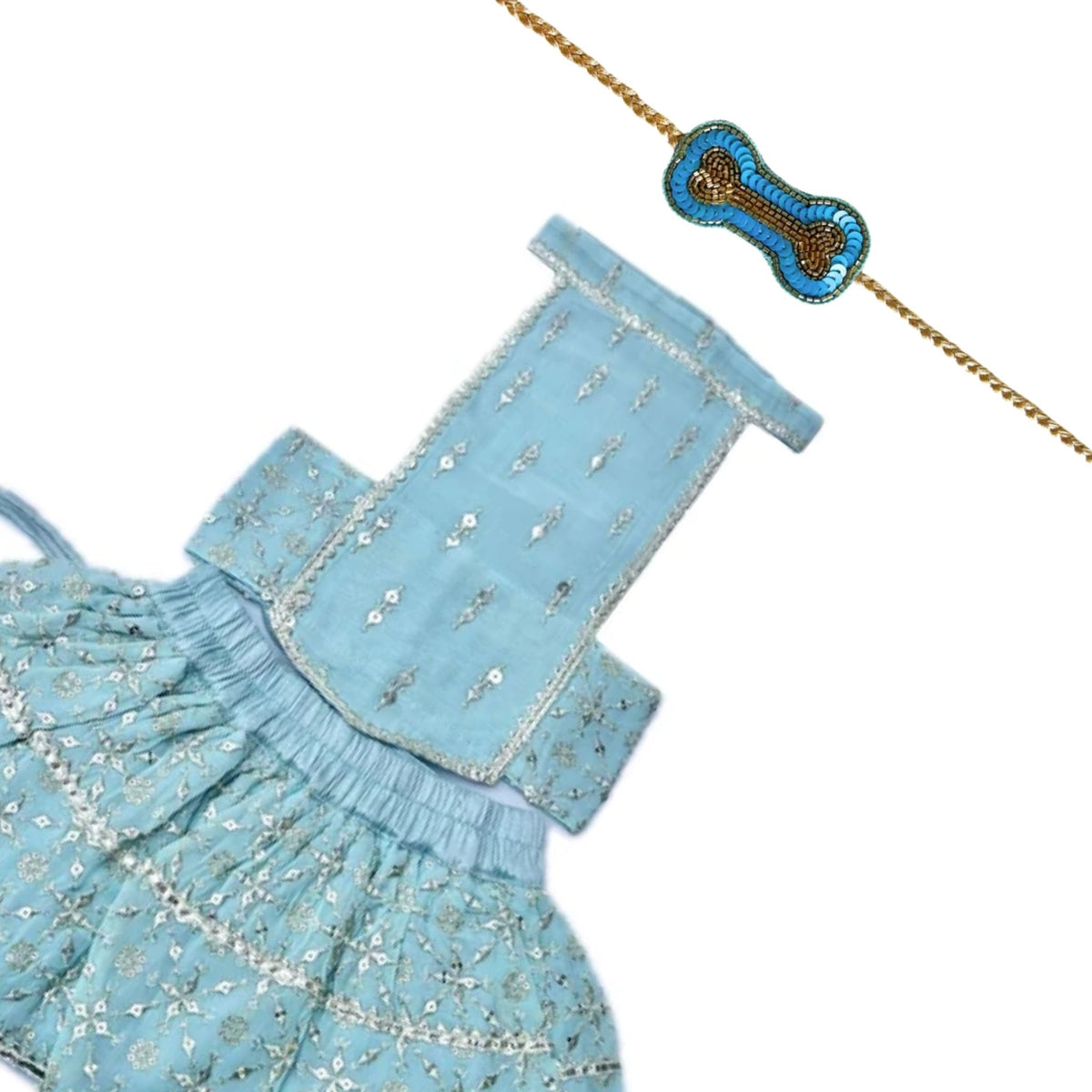 POWDER BLUE FESTIVE LEHENGA+BLUE BONE RAKHI FOR DOGS AND CATS