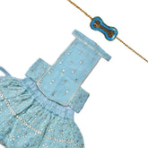 POWDER BLUE FESTIVE LEHENGA+BLUE BONE RAKHI FOR DOGS AND CATS