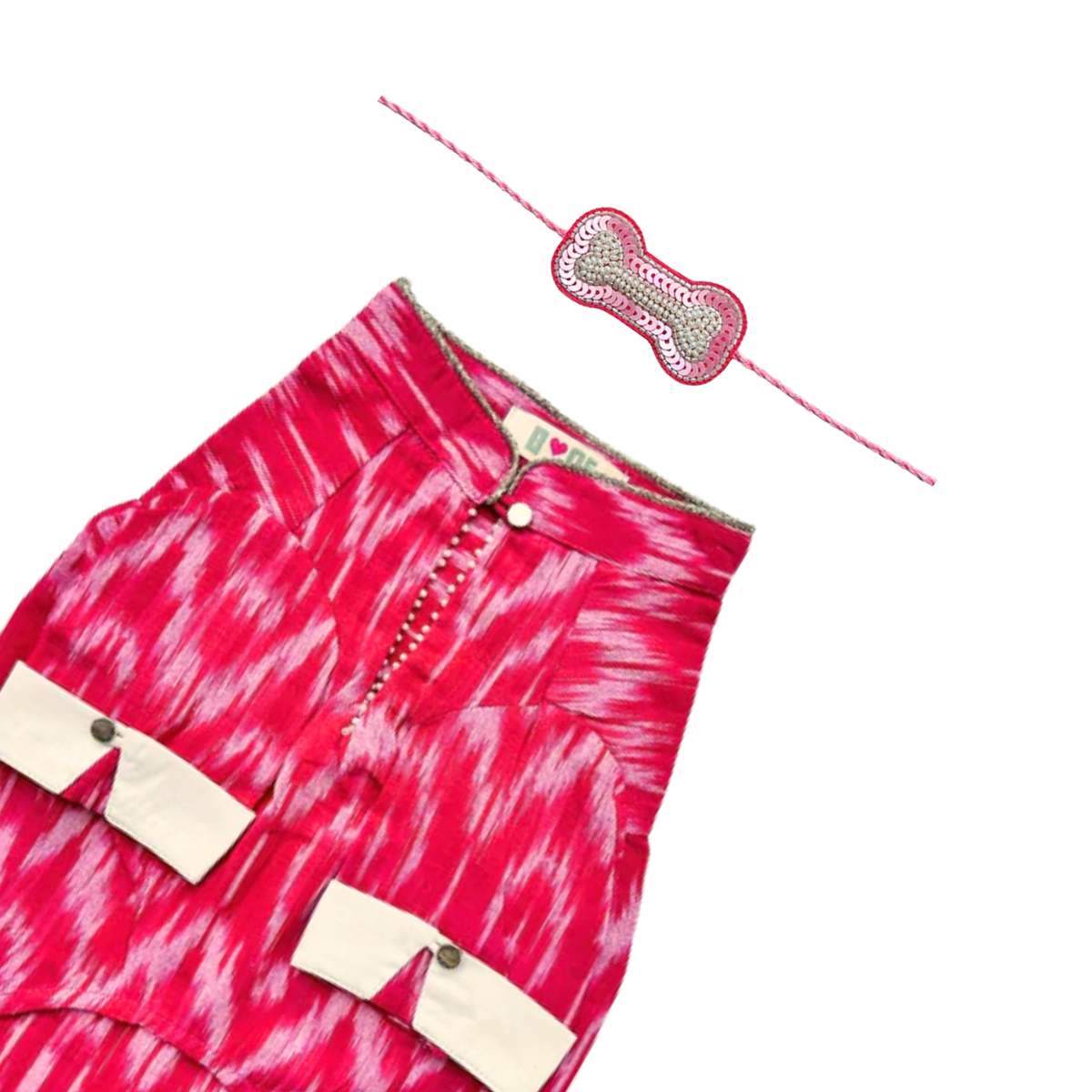 PINK COTTON IKAT PRINTED KURTA + SILVER PINK PEARL BONE RAKHI FOR DOGS AND CATS