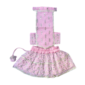 POWDER PINK FESTIVE DOG LEHENGA + SILVER PINK PEARL BONE RAKHI FOR DOGS AND CATS