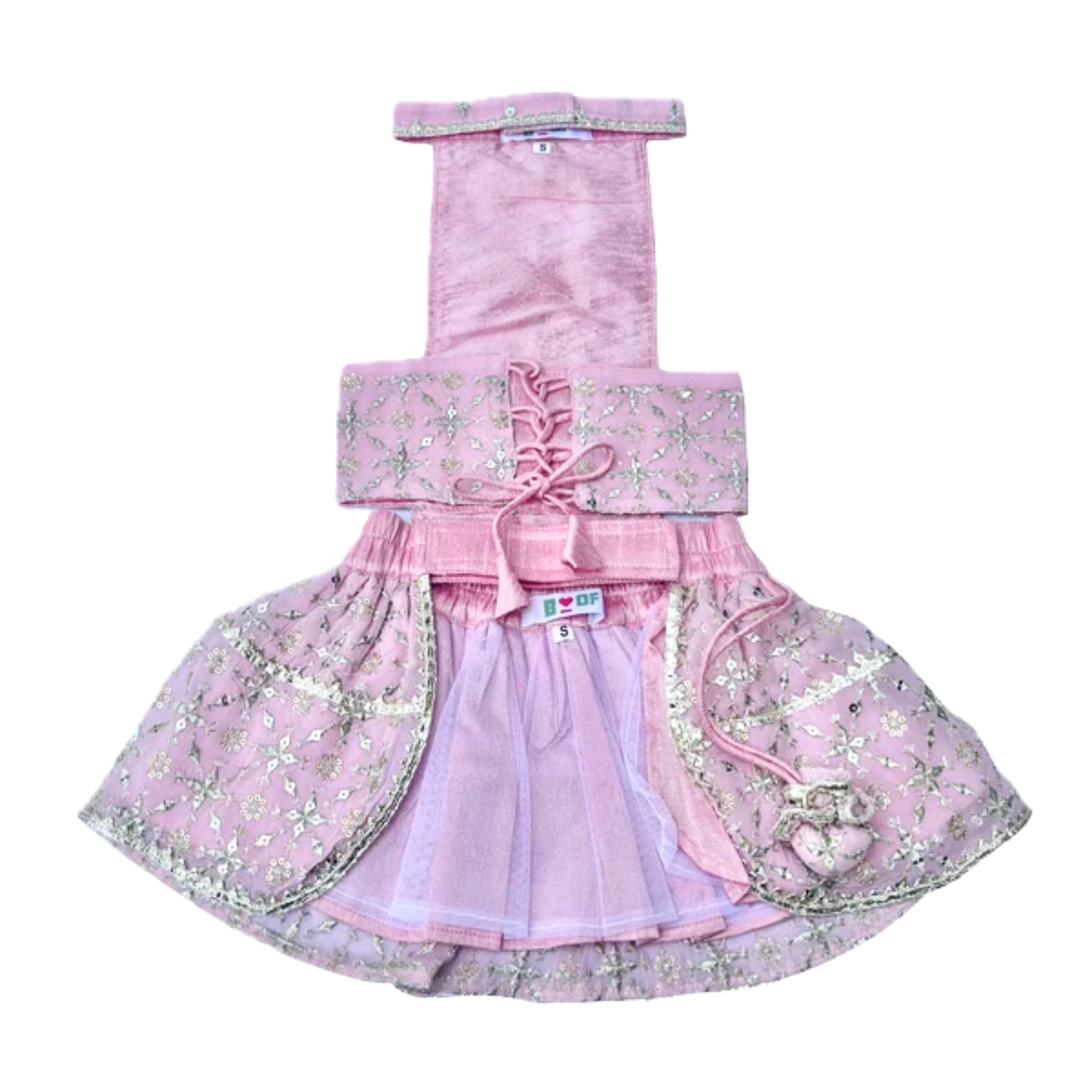 POWDER PINK FESTIVE DOG LEHENGA + SILVER PINK PEARL BONE RAKHI FOR DOGS AND CATS