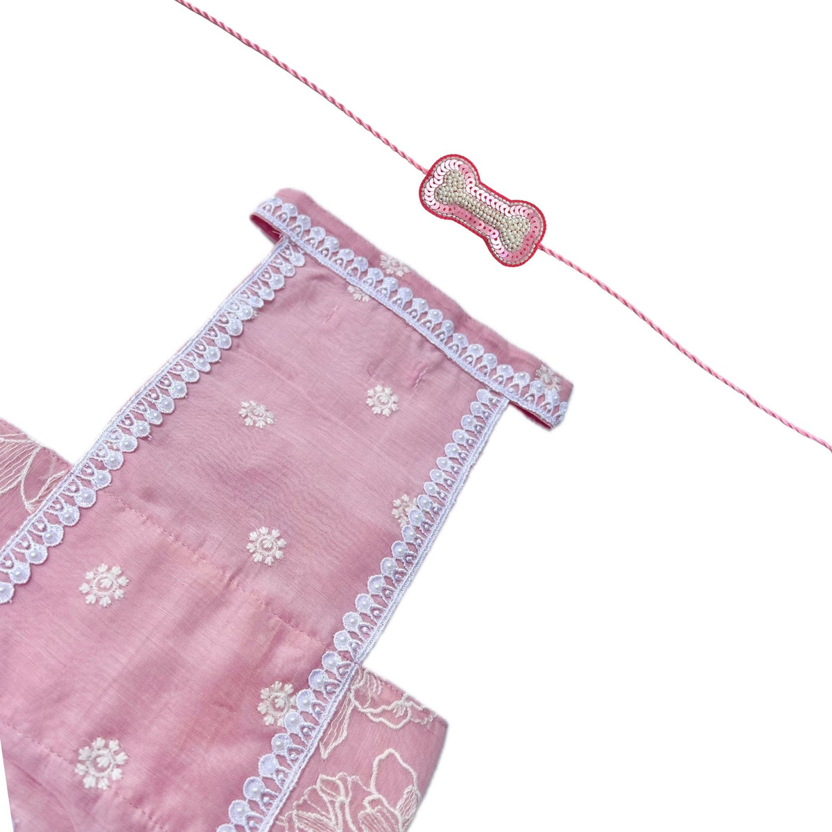 BLUSH PINK OFF-WHITE EMBROIDERY LEHENGA + PEARL BONE RAKHI FOR DOGS AND CATS