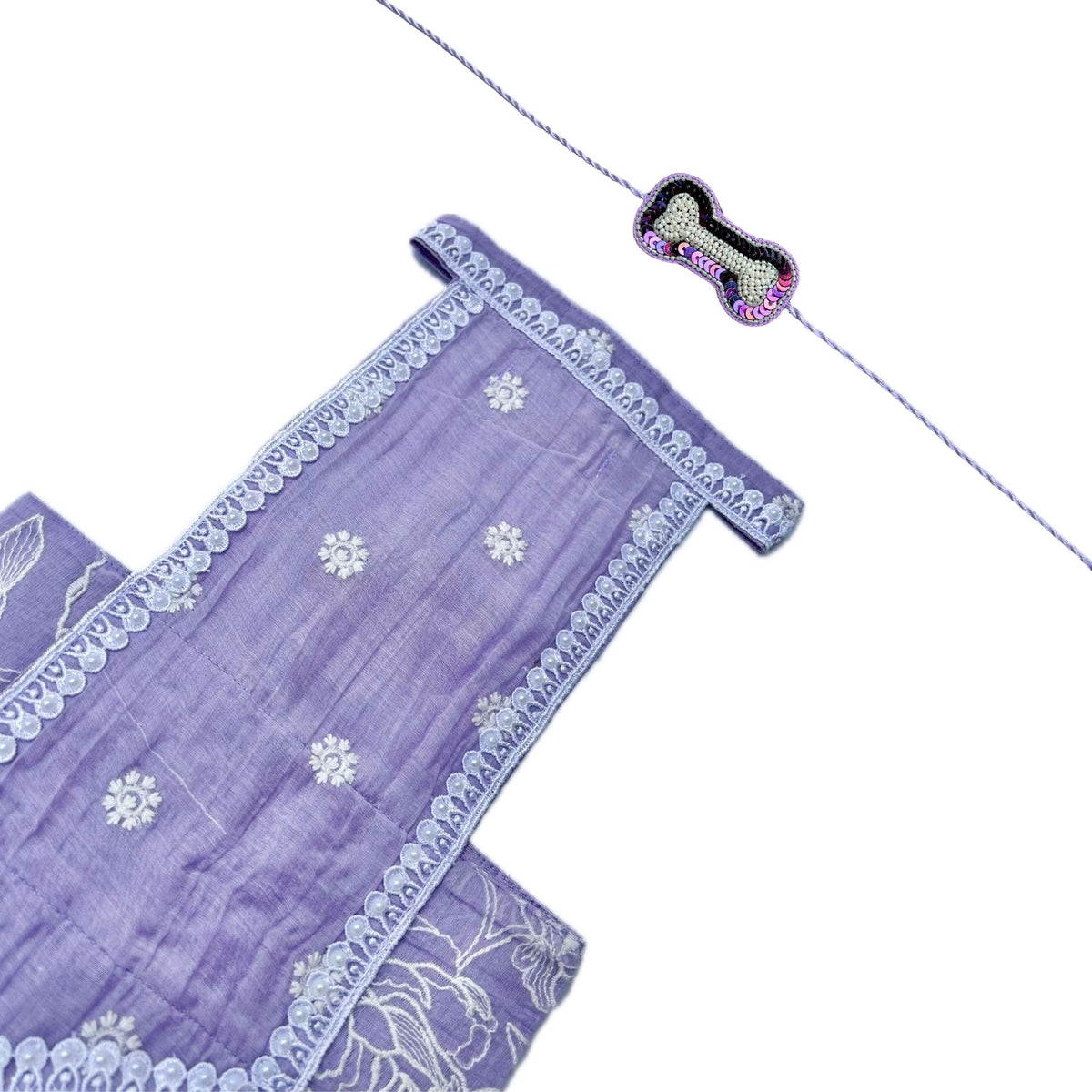LAVENDER OFF-WHITE EMBROIDERY LEHENGA + PEARL BONE RAKHI FOR DOGS AND CATS