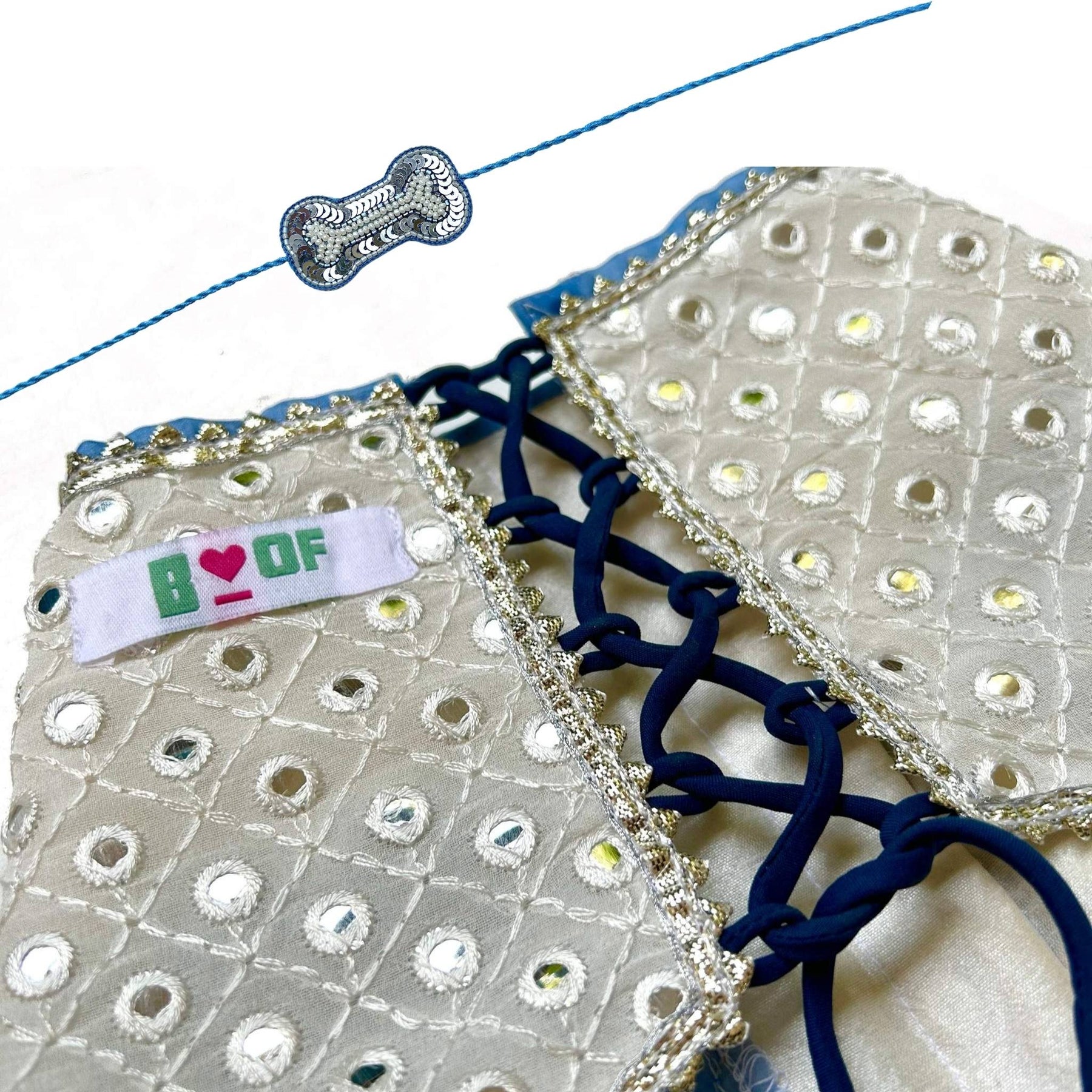 MIRROR WORK BLUE LEHENGA + SEQUINS BONE RAKHI FOR DOGS AND CATS