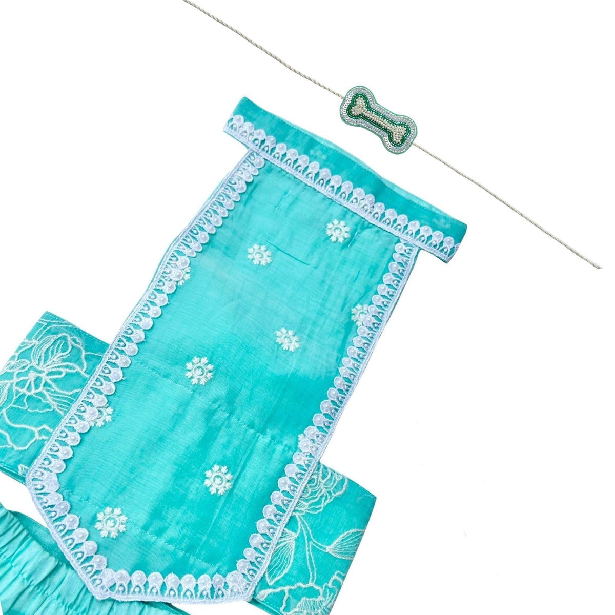 AQUA GREEN OFF-WHITE EMBROIDERY LEHENGA + PEARL BONE RAKHI FOR DOGS AND CATS